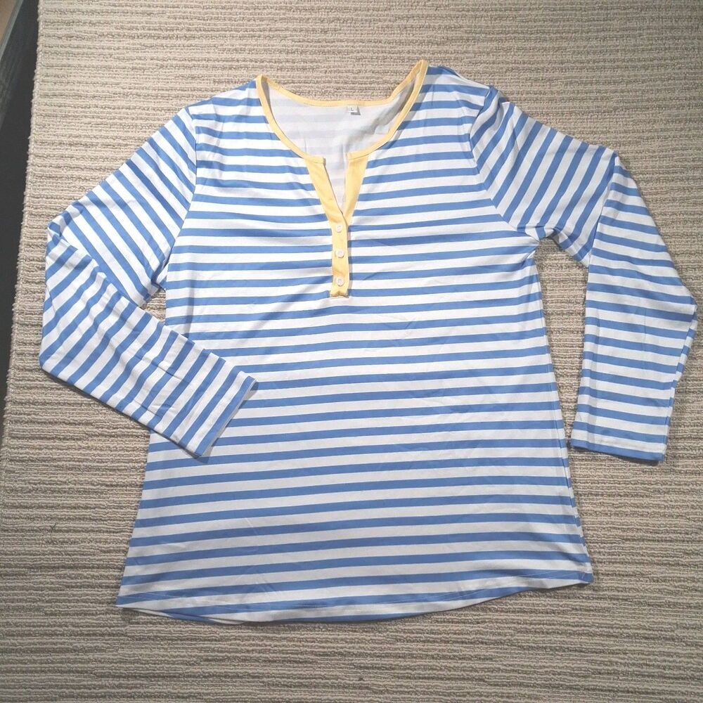 WOMENS BLUE WHITE STRIPED HENLEY TOP YELLOW TRIM CONTRAST LONG SLEEVE L SHIRT